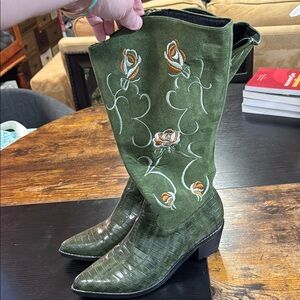Green Embroidered Cowboy Boots